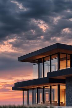 Modern architectural design at sunset with dramatic clouds photo