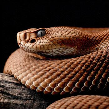 Coiled snake in defensive posture resting on a log in a dark setting photo