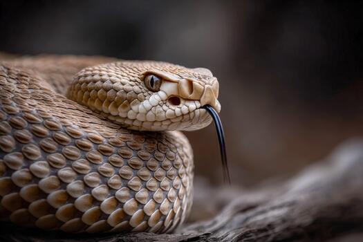 Coiled snake in defensive posture showing its forked tongue in natural habitat photo