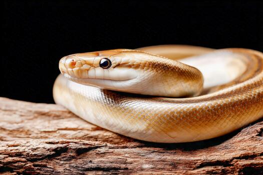 Coiled snake in defensive posture resting on a wooden log in natural habitat photo