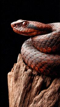 Coiled snake in a defensive posture on a textured wooden surface photo