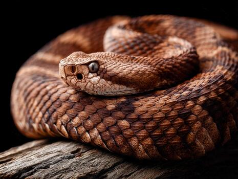 Snake coiled defensively on a branch with detailed scales in a dark setting photo