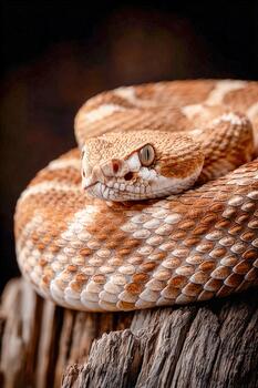 Coiled snake in defensive posture on a wooden surface photo
