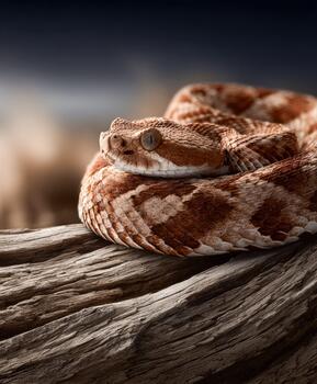 Coiled snake in a defensive posture on a branch during twilight photo