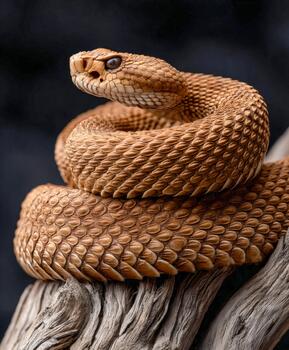 Coiled snake displaying defensive posture on a branch in natural environment photo