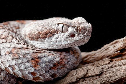 Coiled snake displays defensive posture while resting on a wooden branch photo