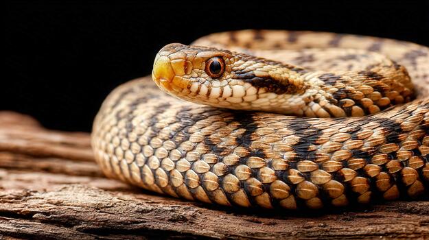 Snake coiled in defensive stance resting on wooden surface in dark surroundings photo