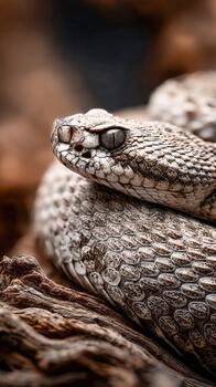 Coiled snake in defensive position on textured surface in natural habitat photo