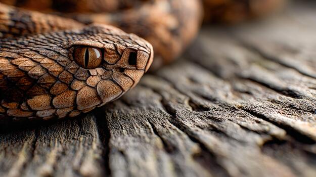 Coiled snake in defensive posture on rustic wooden surface during daylight photo