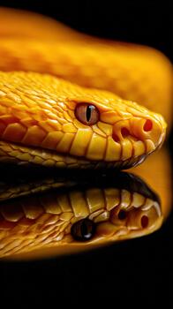 Vibrant serpent with striking yellow hue resting on a reflective surface photo