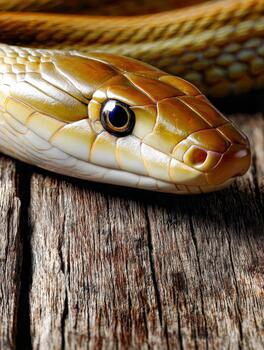 Viper poses alertly on weathered wood, showcasing intricate patterns and colors photo