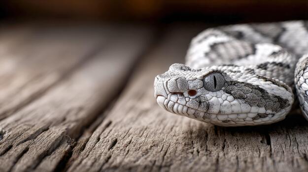 Viper alert on wooden surface, showcasing unique scale patterns and texture photo