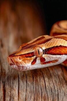 Viper resting alertly on wooden surface with striking colors and patterns photo