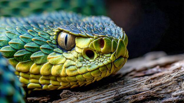 Viper rests alertly on a wooden surface in natural setting photo