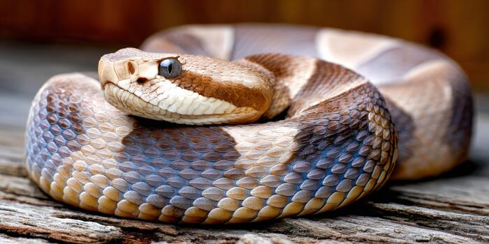 Viper resting alertly on wood surface in natural setting photo