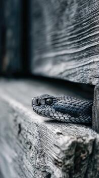 Viper resting alertly on wooden surface, blending into natural surroundings photo