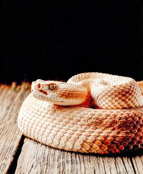 Viper poses alertly on wooden surface in a still setting photo