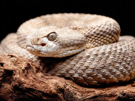 Viper resting alertly on a piece of wood in a natural setting photo