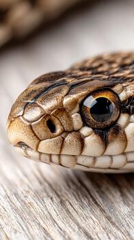 Viper alert on wooden surface showcasing detailed scales and sharp eyes photo