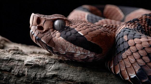 víbora descansa alerta en un pedazo de madera en un natural ajuste foto