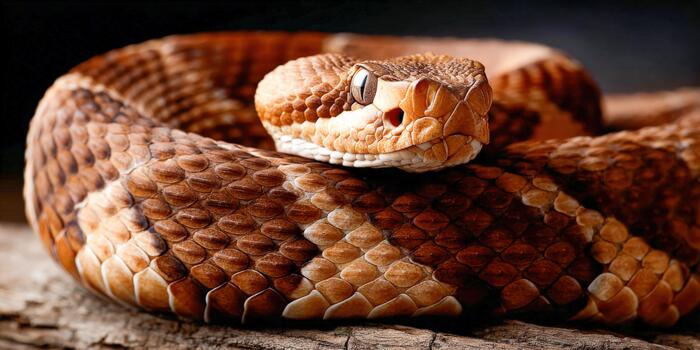 Viper alertly perched on wooden surface in natural setting photo