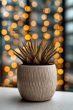 Decorative plant in textured ceramic pot with warm bokeh lights in background photo