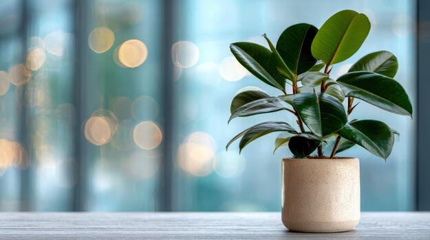 Elegant plant in ceramic pot enhancing a modern space with soft bokeh background photo