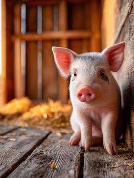 Young piglet enjoys the warmth of sunlight in a cozy stable environment photo