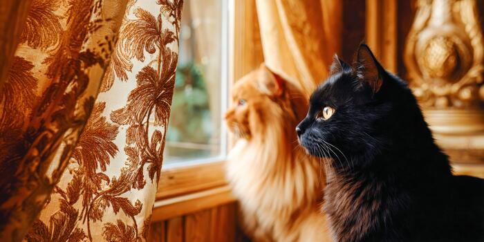 dos gatos acecho fuera de desde un acogedor hogar ventana durante el día foto