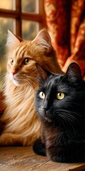 dos gatos disfrutando compañerismo por un ventana en un acogedor hogar ajuste foto