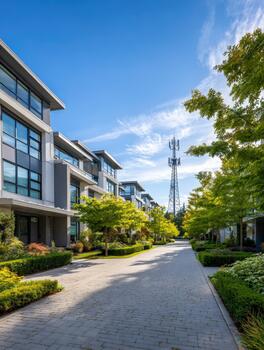 Modern building facade lined with trees on a sunny day in an urban area photo