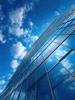 Modern house reflects blue sky and clouds in clear daylight setting photo