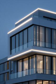 Modern architectural design showcasing a sleek building at twilight photo