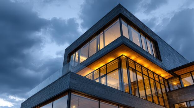 This unique building stands out with its large glass windows and sleek lines photo