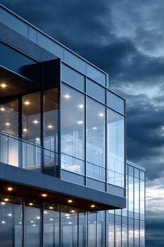 Modern glass architecture shining in twilight with dramatic clouds photo