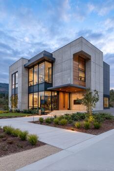 Modern architecture design featuring concrete and wood elements in a serene setting photo