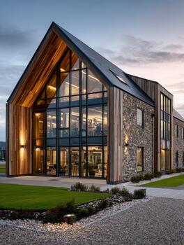 Modern stone and wood architecture features large glass windows photo