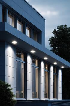 Modern architecture in evening light with sleek design and illuminated windows photo