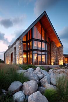 Modern stone house with large windows and a sloped roof in a serene location photo
