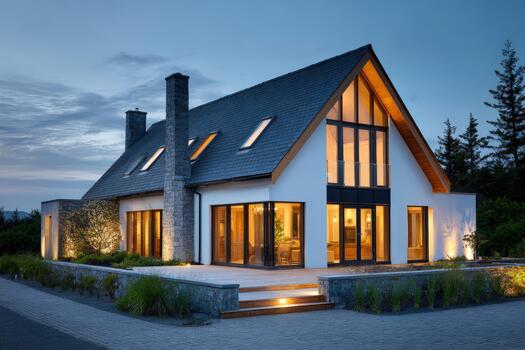 Modern architectural house with large windows under a twilight sky photo