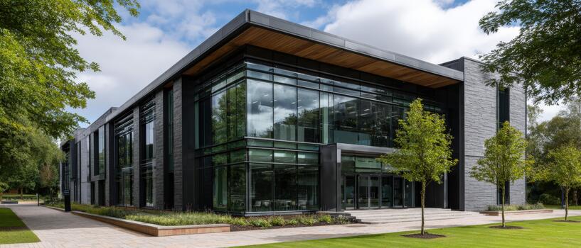 Modern architecture of a sleek building surrounded by greenery photo