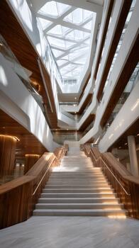 Modern architectural design of a grand staircase in a spacious building interior photo