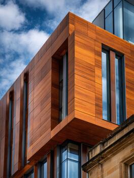 Innovative architectural design with wooden facade in urban setting photo