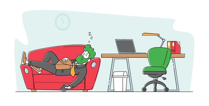 cansado sobrecargado de trabajo obrero, negocio personaje dormir en sofá cerca escritorio. pereza, emocional agotamiento, empleado dormido vector