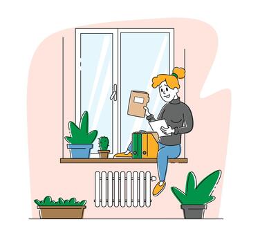 Homeworking Place, Working Activity. Freelancer Woman Character Sitting on Windowsill Work with Papers Docs at Home vector