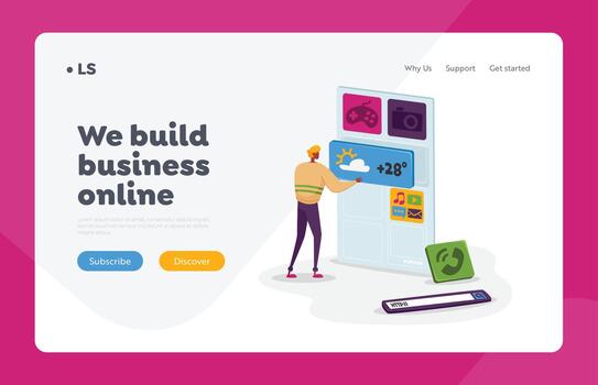 web ui ux diseño desarrollo aterrizaje página modelo. desarrollador, programador trabajando en creación nuevo software para móvil vector