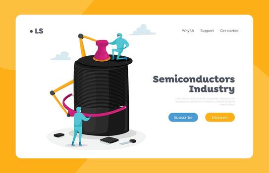 New Generation Semiconductor Microchip Manufacture Landing Page Template. Characters Set Up Huge Technological Wonder vector