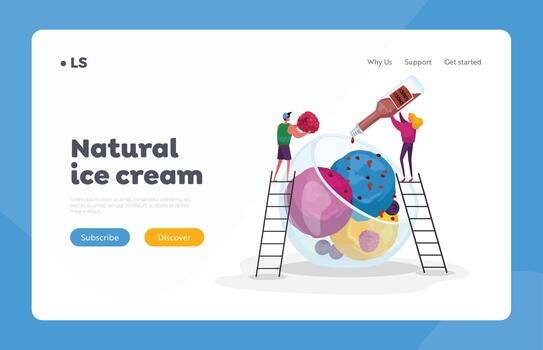 Summer Food, Icecream Landing Page Template. Tiny Characters on Ladders Decorate Huge Ice Cream with Choco Topping vector
