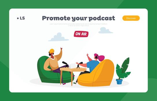 Radio or Podcast Streaming Landing Page Template. Radio Dj Characters in Headset Speak to Microphones, Broadcast Program vector
