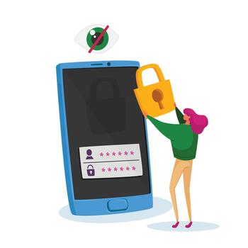 Tiny Woman Character Stand at Huge Mobile Phone Put Padlock on Screen with Password and Login Identification Information vector